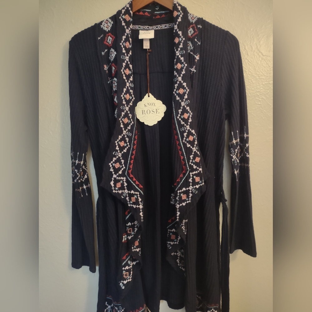 Knox Rose Navy Blue Embroidered Open Cardigan Ribbed Wrap Belted Duster